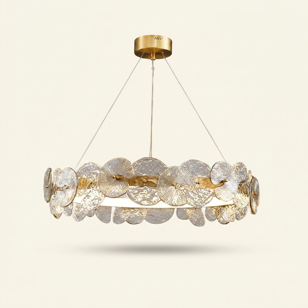 Round Bronze Chandelier, Postmodern Minimalist, 24 in. on a warm cream background