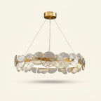 Round Bronze Chandelier, Postmodern Minimalist, 24 in. on a warm cream background