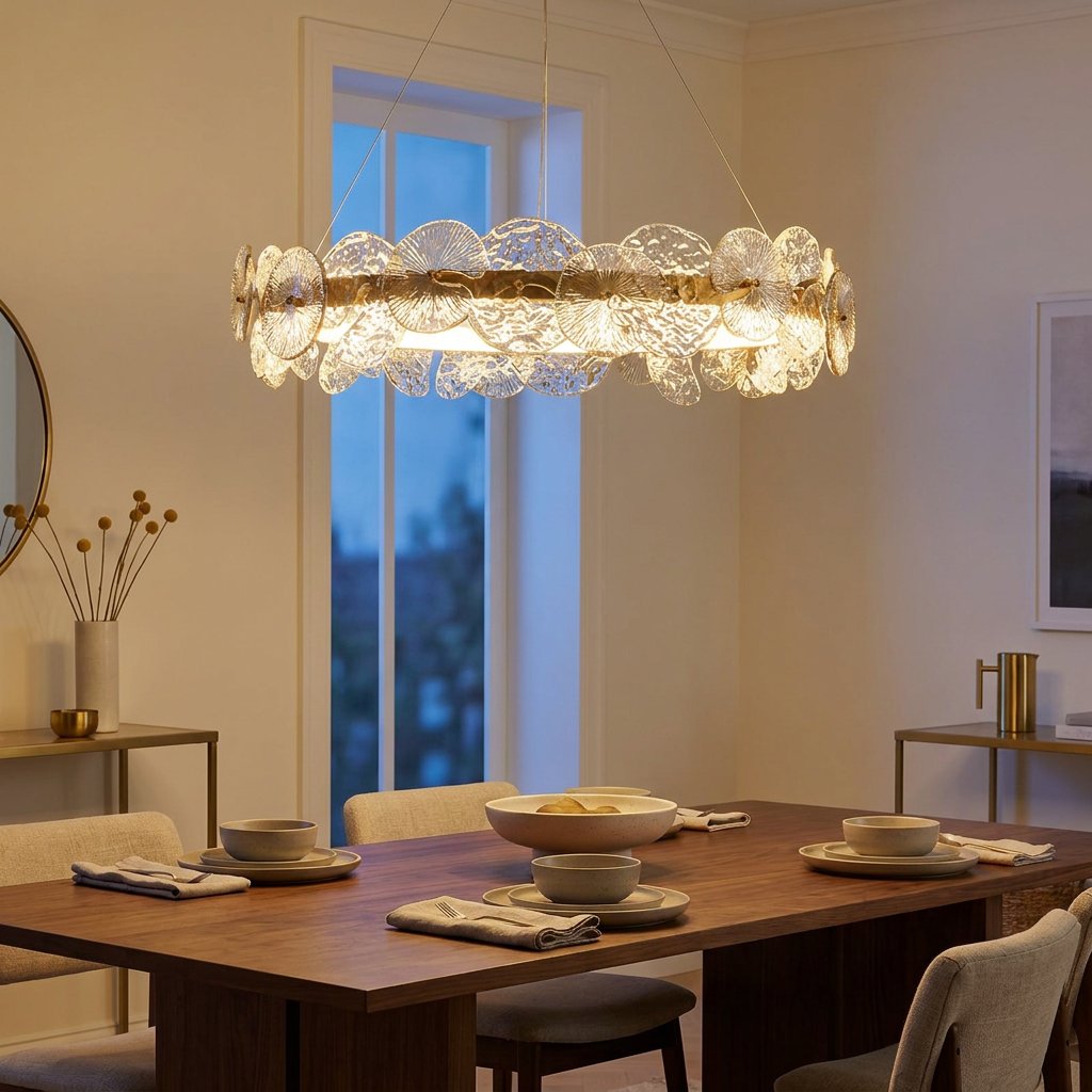 Round Bronze Chandelier, Postmodern Minimalist, 24 in. styled in a warm modern interior
