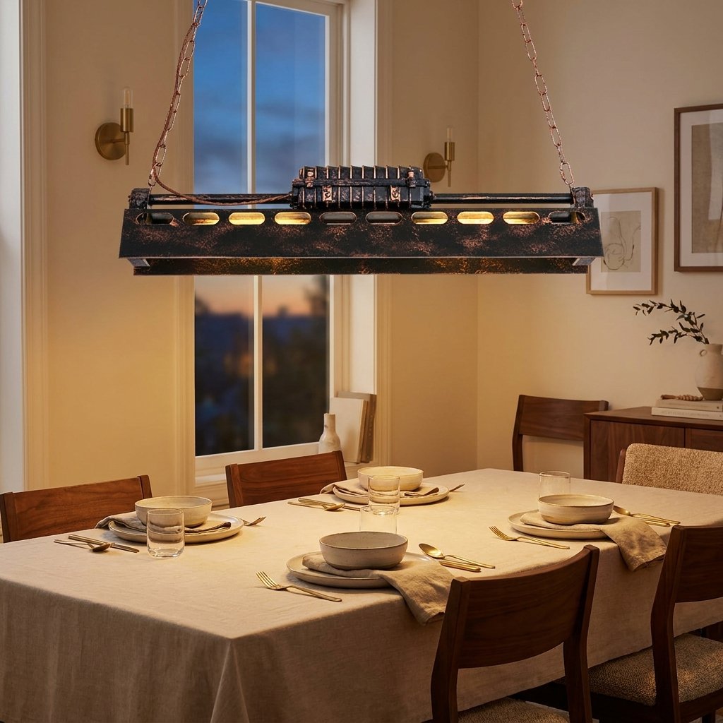 Industrial Iron Chandelier, 4-Light 31 in. or 6-Light 47 in. styled in a warm modern interior