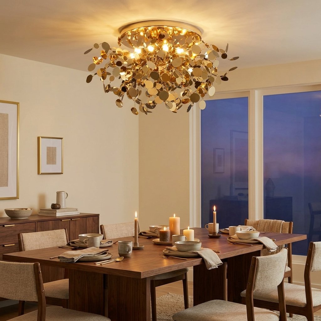 8-Light Stainless Steel Branch Chandelier, 15 in. or 20 in. styled in a warm modern interior