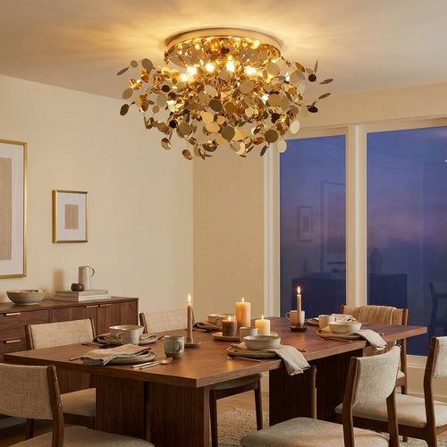 8-Light Stainless Steel Branch Chandelier, 15 in. or 20 in. styled in a warm modern interior