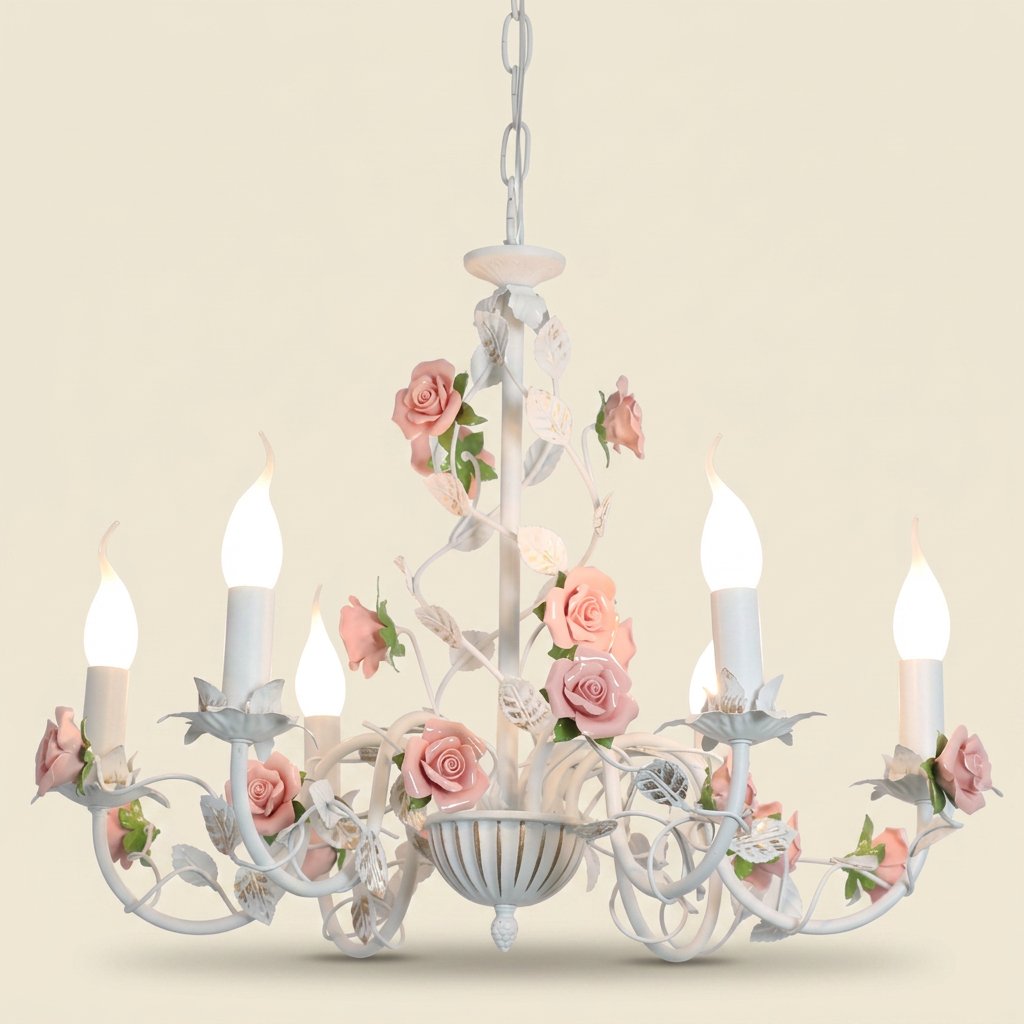 French Wrought Iron Floral Chandelier, 3, 6 or 8 Lights on a warm cream background