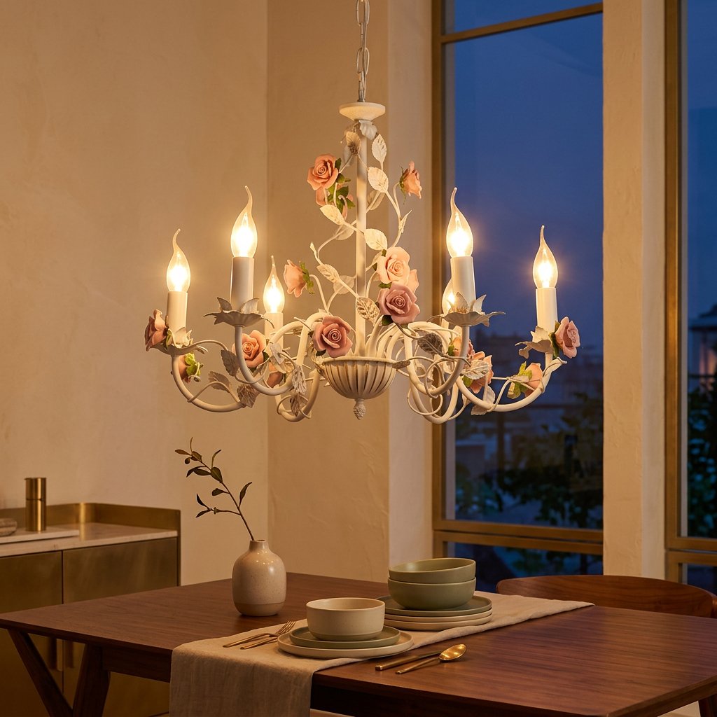 French Wrought Iron Floral Chandelier, 3, 6 or 8 Lights styled in a warm modern interior