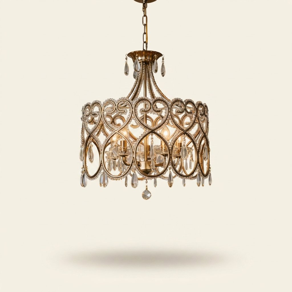 French Aged Crystal Chandelier, Retro Silver Iron Frame on a warm cream background