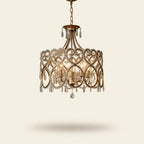 French Aged Crystal Chandelier, Retro Silver Iron Frame on a warm cream background