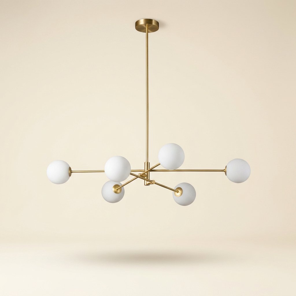 Minimalist 6-Light Wrought Iron Chandelier with Glass Shades on a warm cream background