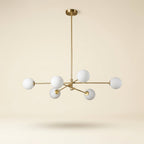Minimalist 6-Light Wrought Iron Chandelier with Glass Shades on a warm cream background