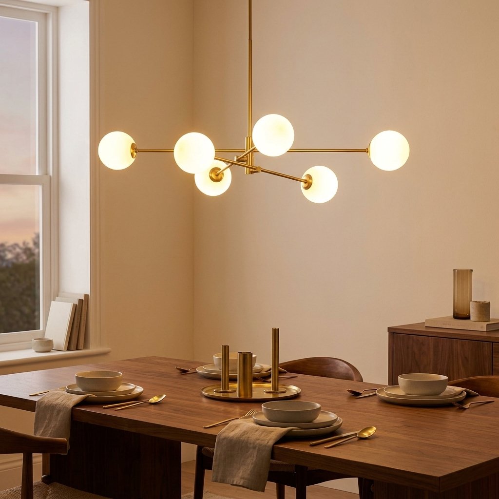 Minimalist 6-Light Wrought Iron Chandelier with Glass Shades styled in a warm modern interior