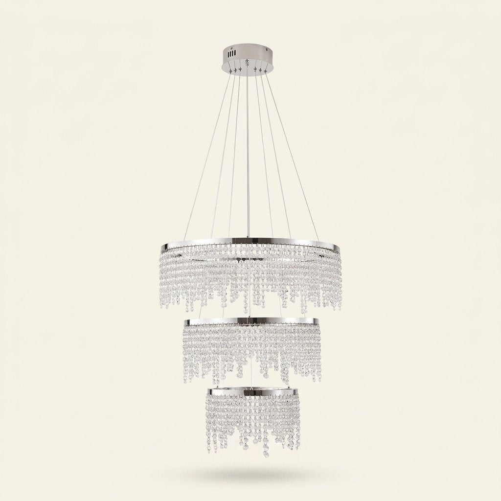 24 In. Round Crystal LED Chandelier, Chrome, Adjustable Color Temp on a warm cream background