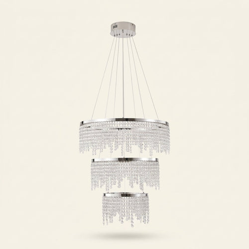 24 In. Round Crystal LED Chandelier, Chrome, Adjustable Color Temp on a warm cream background