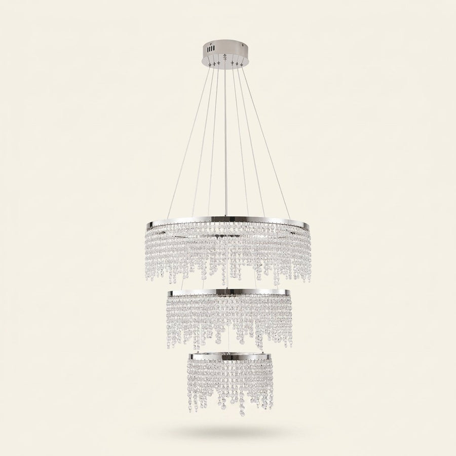 24 In. Round Crystal LED Chandelier, Chrome, Adjustable Color Temp on a warm cream background