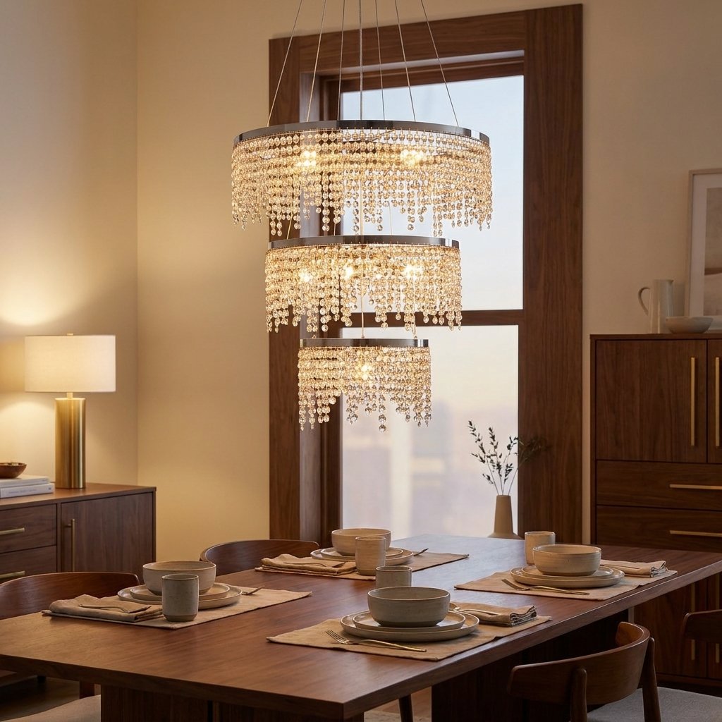 24 In. Round Crystal LED Chandelier, Chrome, Adjustable Color Temp styled in a warm modern interior