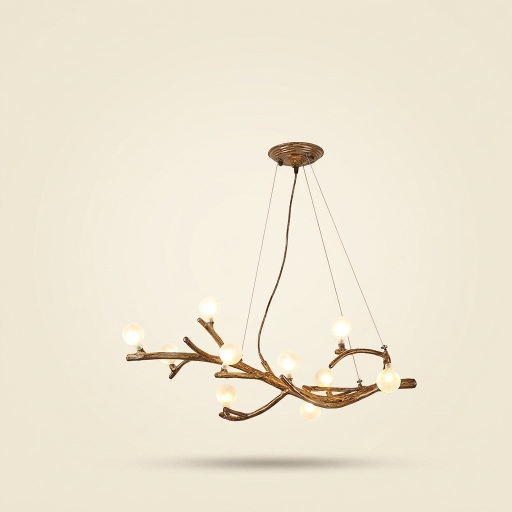 10-Light Tree Branch Chandelier, Wabi-Sabi Resin, Warm LED on a warm cream background