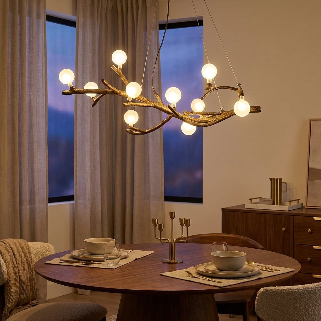 10-Light Tree Branch Chandelier, Wabi-Sabi Resin, Warm LED styled in a warm modern interior