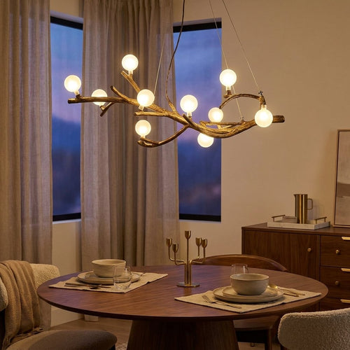10-Light Tree Branch Chandelier, Wabi-Sabi Resin, Warm LED styled in a warm modern interior