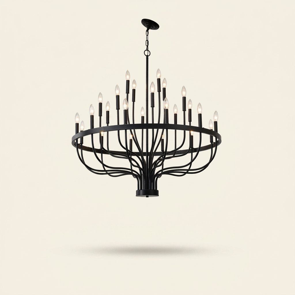 24-Light Iron Candle Chandelier, Matte Black Farmhouse, 39 In. Wide on a warm cream background