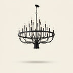 24-Light Iron Candle Chandelier, Matte Black Farmhouse, 39 In. Wide on a warm cream background
