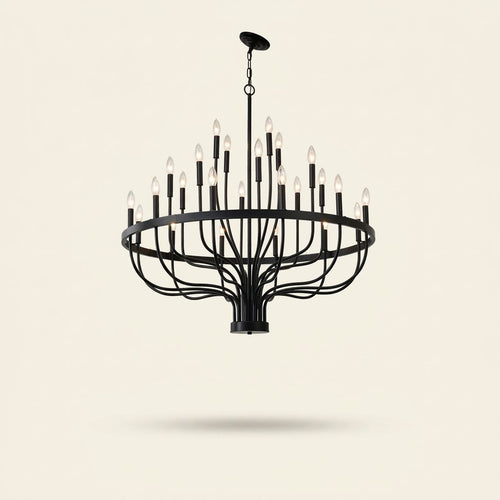 24-Light Iron Candle Chandelier, Matte Black Farmhouse, 39 In. Wide on a warm cream background