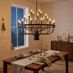 24-Light Iron Candle Chandelier, Matte Black Farmhouse, 39 In. Wide styled in a warm modern interior