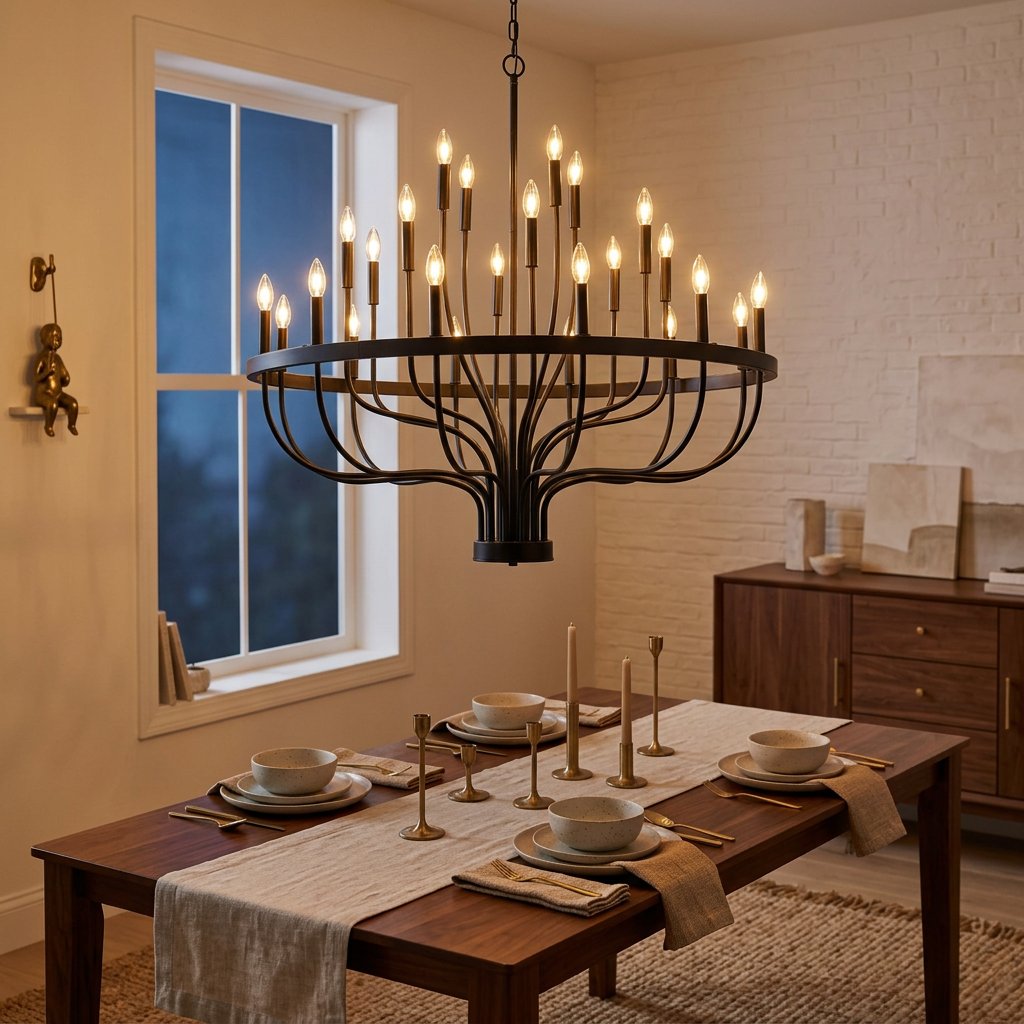24-Light Iron Candle Chandelier, Matte Black Farmhouse, 39 In. Wide styled in a warm modern interior