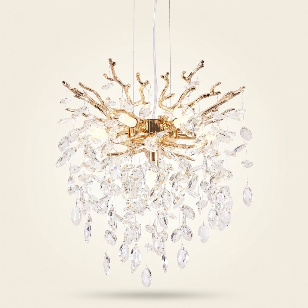 7-Light Gold Tree Branch Crystal Chandelier, 18 In. Wide on a warm cream background