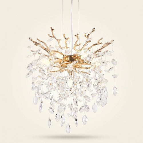 7-Light Gold Tree Branch Crystal Chandelier, 18 In. Wide on a warm cream background