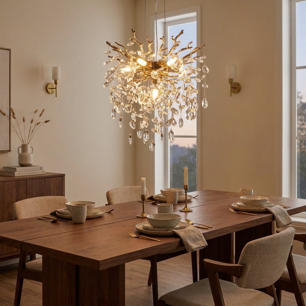 7-Light Gold Tree Branch Crystal Chandelier, 18 In. Wide styled in a warm modern interior