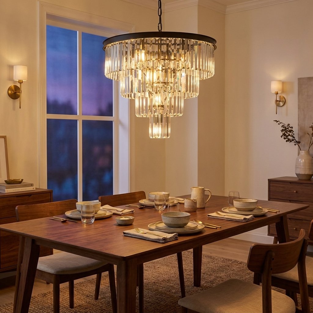 4-Tier K9 Crystal Chandelier, Black Iron Frame, 24 In. Wide styled in a warm modern interior