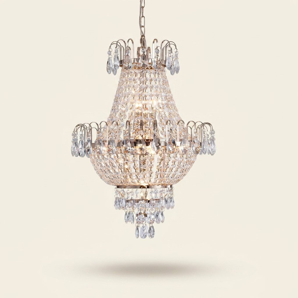 Gold Crystal Chandelier, Iron Frame, 17 In. Wide × 59 In. Tall on a warm cream background