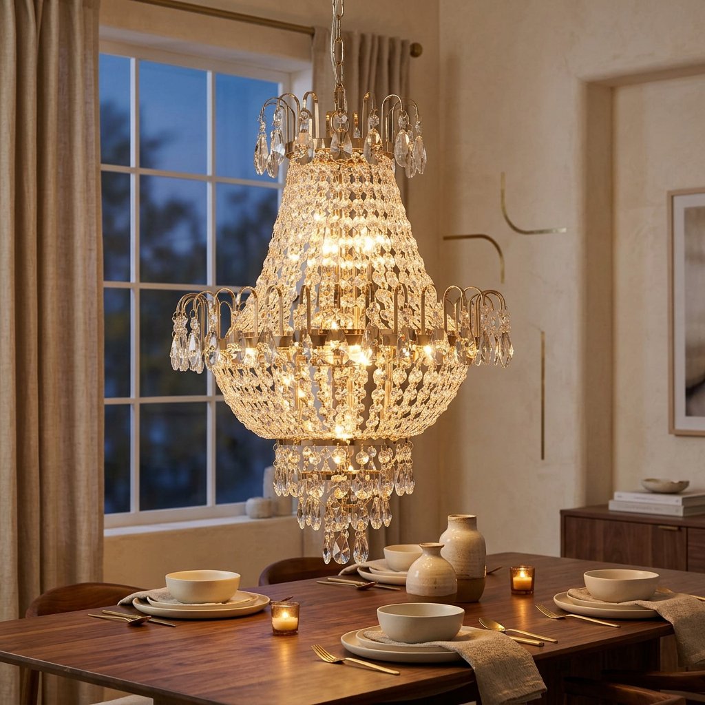 Gold Crystal Chandelier, Iron Frame, 17 In. Wide × 59 In. Tall styled in a warm modern interior