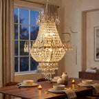 Gold Crystal Chandelier, Iron Frame, 17 In. Wide × 59 In. Tall styled in a warm modern interior