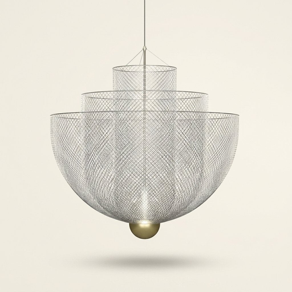 Iron Mesh Pendant Light, Sculptural Shadow-Play Shade, 18 in on a warm cream background