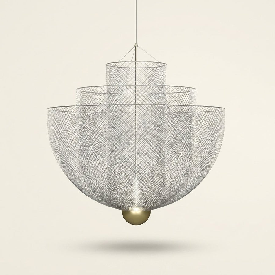 Iron Mesh Pendant Light, Sculptural Shadow-Play Shade, 18 in on a warm cream background
