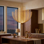 Iron Mesh Pendant Light, Sculptural Shadow-Play Shade, 18 in styled in a warm modern interior