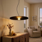 Modern Iron Pendant Light, LED, 14, 16, or 20 in styled in a warm modern interior