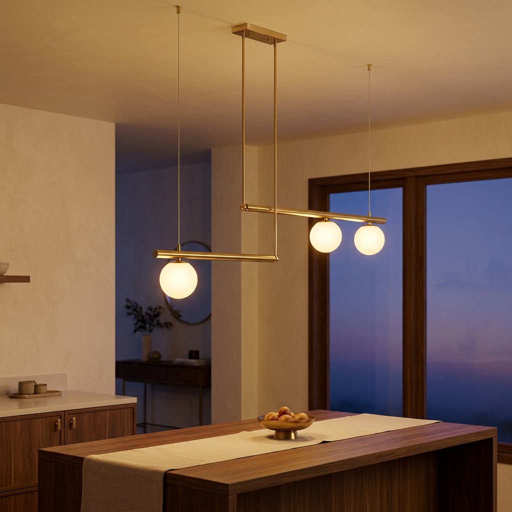 3-Light Linear Pendant Light, Copper or Black Metal & Glass styled in a warm modern interior