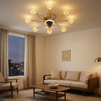 Starry Globe Ceiling Fan with LED Light, Milky White or Star Shades styled in a warm modern interior
