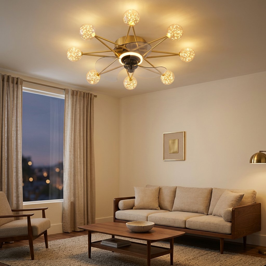 Starry Globe Ceiling Fan with LED Light, Milky White or Star Shades styled in a warm modern interior