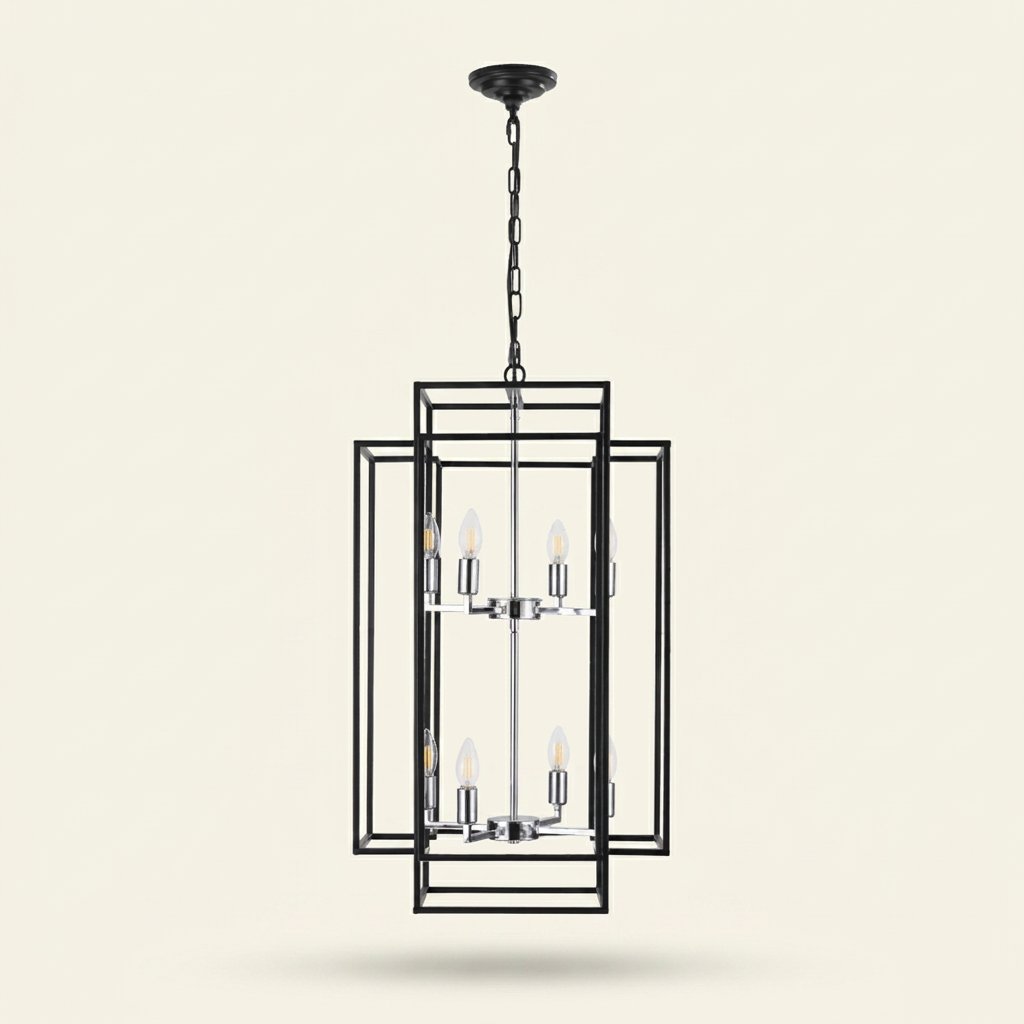 8-Lantern Tiered Iron Chandelier, Industrial Farmhouse, 18 in on a warm cream background