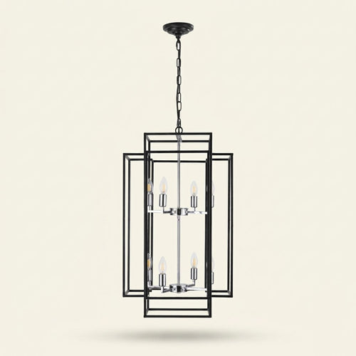 8-Lantern Tiered Iron Chandelier, Industrial Farmhouse, 18 in on a warm cream background