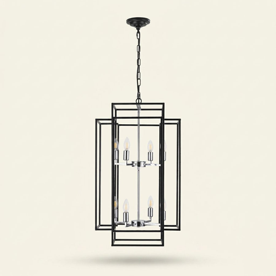 8-Light Tiered Iron Lantern Chandelier, Industrial Farmhouse, 18 in on a warm cream background