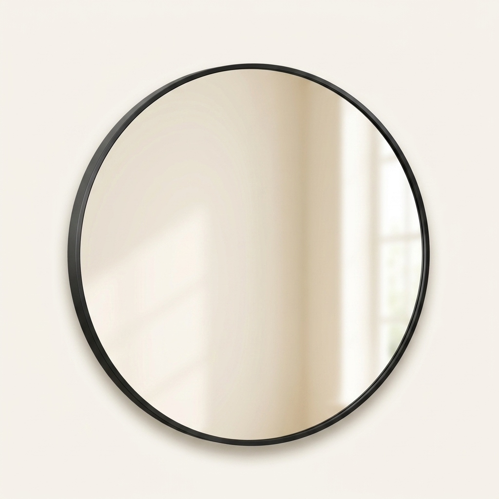 Round wall mirror with slim black metal frame on a warm cream background