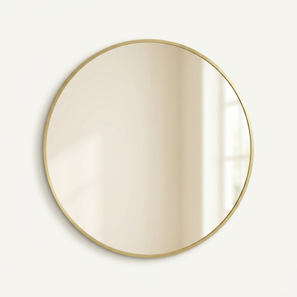 Round wall mirror with slim gold metal frame on a warm cream background