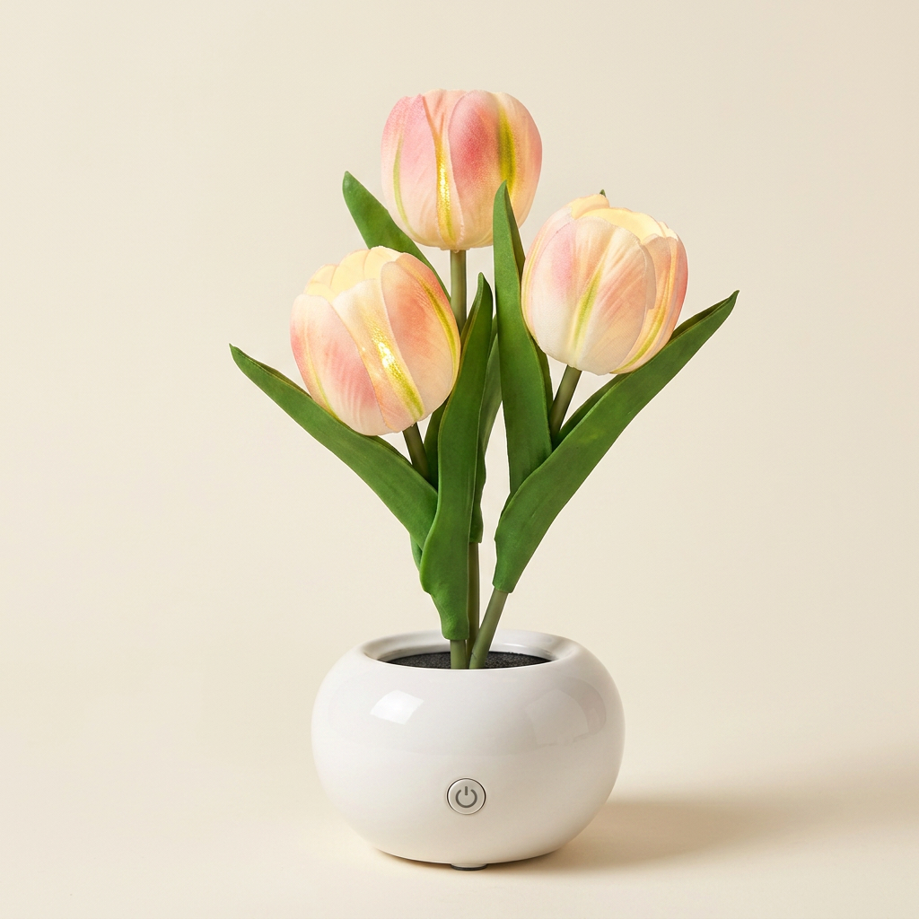 Pink tulip LED table lamp with white ceramic vase on a warm cream background