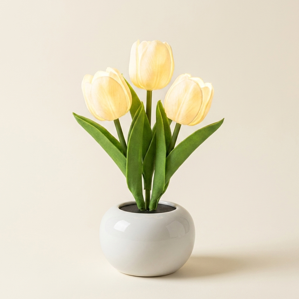 White tulip LED table lamp with white ceramic vase on a warm cream background