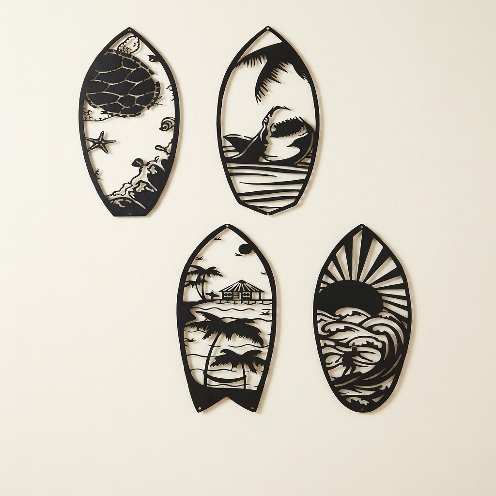 Metal surfboard wall art set of 4 on a warm cream background