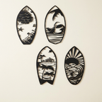 Metal surfboard wall art set of 4 on a warm cream background