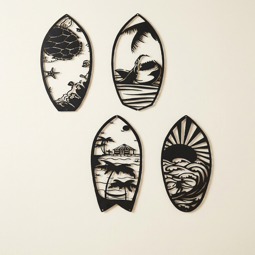 Metal surfboard wall art set of 4 on a warm cream background