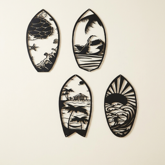 Metal surfboard wall art set of 4 on a warm cream background